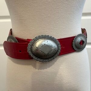 Vintage Catherine Dial Easley Red / Silver Tone Leather Concho Belt, Size M